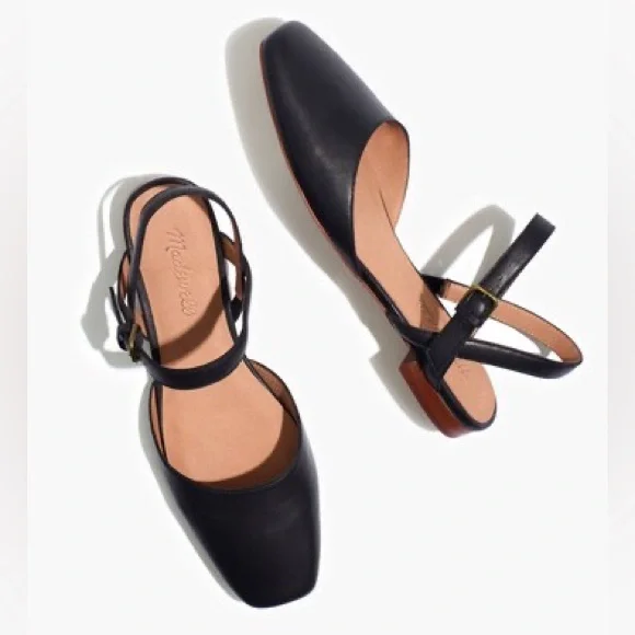 Madewell | Women’s Black Leather The Jeanne Slingback Adjustable Strap Flats 7 - Picture 1 of 16